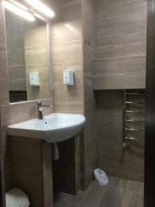 ein Badezimmer mit einem Waschbecken, einem Spiegel und einem WC in der Unterkunft Europa in Rachiw