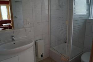 bagno con doccia, lavandino e servizi igienici di Ferienhaussiedlung am Chossewitzer See a Friedland