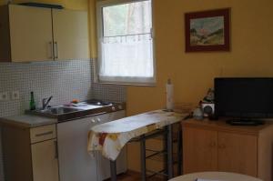 a kitchen with a sink and a counter top at Ferienhaussiedlung am Chossewitzer See in Friedland