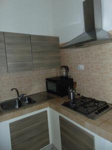 a kitchen with a stove and a sink and a microwave at Appartamento il Geranio in Quercianella