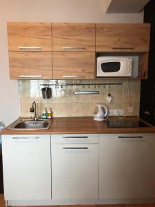 een keuken met witte kasten, een wastafel en een magnetron bij Gudauri Ski Studio in Goedaoeri