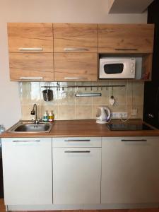 a kitchen with white cabinets and a sink and a microwave at Gudauri Ski Studio in Gudauri +14 photos