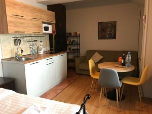 a kitchen and a living room with a table and a couch at Gudauri Ski Studio in Gudauri