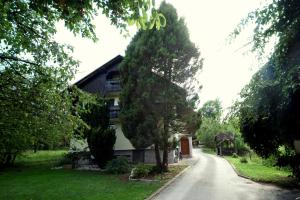 a house with a tree on the side of a road at Apartment Arh in Bled