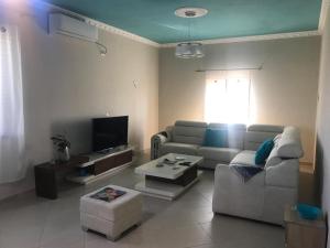 a living room with a couch and a tv at SARA'S VILLA in Shkodër