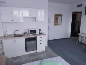 a kitchen with a stove, microwave and a refrigerator at Apartamenty Południowa in Szczecin