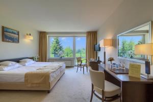 a hotel room with a bed and a desk at 4 Pory Roku & Spa in Krynica Zdrój