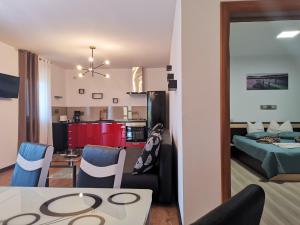 a small apartment with a kitchen and a living room at Pensiunea Almada in Arad