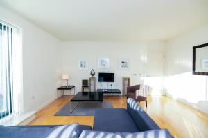 ein Wohnzimmer mit einem blauen Sofa und einem TV in der Unterkunft Horizon Canary Wharf Apartments in London