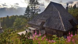 a wooden building with a roof on a hill with flowers at Koča Zlatorog - Velika planina in Stahovica