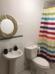 a bathroom with a toilet and a sink and a mirror at Cabañas entre montañas in Rari