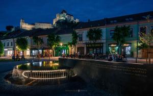 a fountain in the middle of a city at night at Panorama Apartmens Trenčín in Trenčín