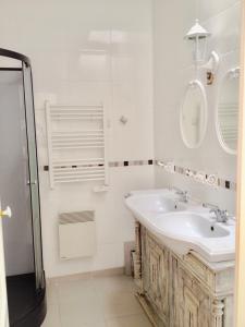 La salle de bains blanche est pourvue d'un lavabo et d'une douche. dans l'établissement Maison de ville jardin 2km de Tours, à Saint-Pierre-des-Corps