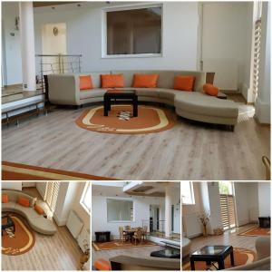 una sala de estar con un sofá y una mesa en Bonton Rooms, en Târgu Jiu