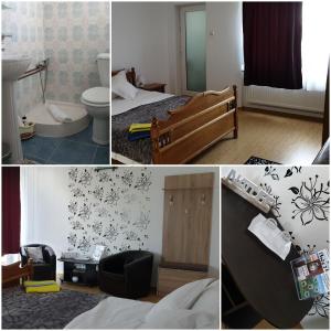 Un collage de fotos de una habitación de hotel con un dormitorio. en Bonton Rooms, en Târgu Jiu 62 fotos más