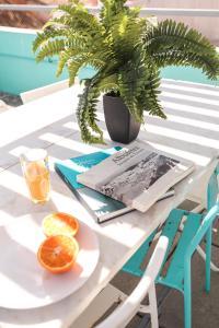 a book on a table with a potted plant and orange slices at Peneco Albufeira GuestHouse in Albufeira