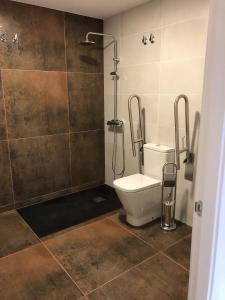 a bathroom with a shower and a toilet in it at Apartamentos Compostela in Lobios
