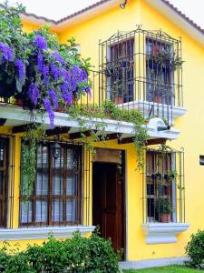 a yellow house with flower boxes and windows at Villas Santa Ana-Ricardo in Antigua Guatemala