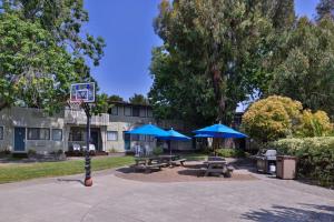 un parc avec des tables de pique-nique et des parasols bleus dans l'établissement Best Western Corte Madera Inn, à Corte Madera