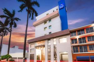 a white building with palm trees in the background at Sleep Inn Villahermosa in Villahermosa