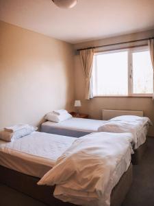 two beds in a room with a window at Yotei Townhouse - 2 bedrooms with covered BBQ deck in Niseko