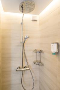 a shower with a shower head in a bathroom at Centerapartments Marienstrasse in Düsseldorf