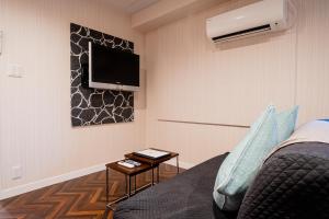 Zimmer mit Sofa und TV an der Wand in der Unterkunft Hotel Pagoda in Nara