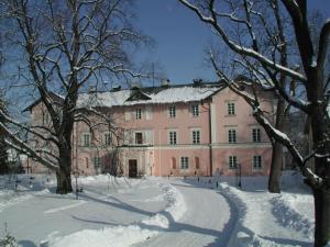 a large pink building in the snow with trees at Schlosshotel Zamek Zdikov in Zdíkov