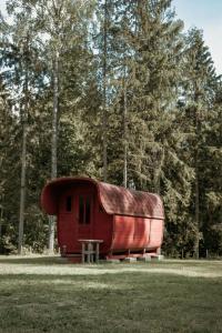 a small red house sitting in the middle of a field at Atpūtas bāze ODS in Bārta
