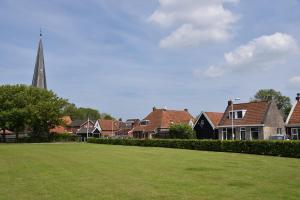 a green field with houses and a church steeple at Sfeervol vakantiehuis in Holwerd in Holwerd