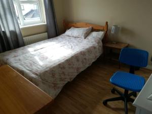 1 dormitorio con 1 cama y 2 sillas azules en Spacious House in Castlegar Galway en Galway