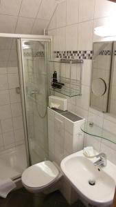 uma casa de banho com um WC, um lavatório e um chuveiro em Hotel Landhaus Lahmann em Bad Eilsen