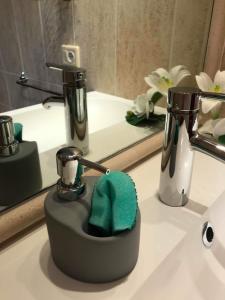 a bathroom sink with a green scrub brush in a holder at Residencial Los Geranios 13 in Costa Del Silencio