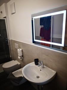 a bathroom with a sink and a toilet and a mirror at Garni - Hotel Am Burghuegel in San Candido