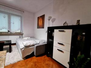 sypialnia z łóżkiem i komodą w obiekcie Krakow Centrum Gurgacza Apartments w Krakowie