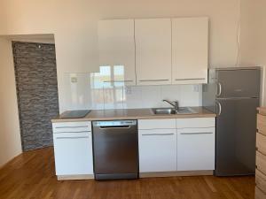 uma cozinha com armários brancos e um frigorífico de aço inoxidável em Villa M Studio Apartment em Ljubac