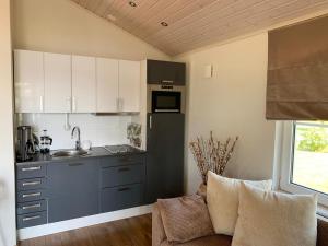 uma cozinha com um lavatório e uma bancada em Wonderful cottage by the lake em Hautjärvi