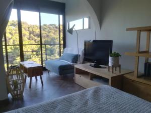 a bedroom with a bed and a tv and a chair at EL MIRADOR DE BACHA in San Martín de Valdeiglesias