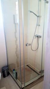baño con cabina de ducha con puerta de cristal en Chatka na Hranici Čirč, en Čirč