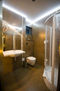 La salle de bains est pourvue d'un lavabo, de toilettes et d'une douche. dans l'établissement Hotel Aqua, à Târgu Jiu