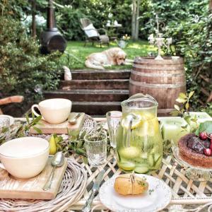 a table with food and a dog laying in the grass at B&B CUCUTÍ in Ziano Piacentino +71 photos