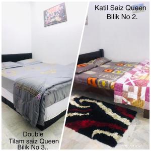 two pictures of a bedroom with a bed and a rug at Pinggiran Homestay in Batu Caves