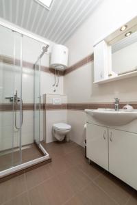 uma casa de banho com um chuveiro, um WC e um lavatório. em Apartments Budva Center 2 em Budva