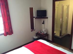 een slaapkamer met een bed, een douche en een televisie bij The Stag Hotel in Banchory