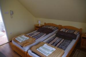 2 camas individuais num pequeno quarto com em Hóvirág Panzió em Porva