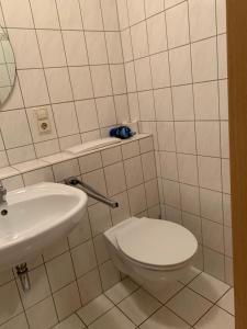 a bathroom with a toilet and a sink at Linde Restaurant & Hotel in Trossingen