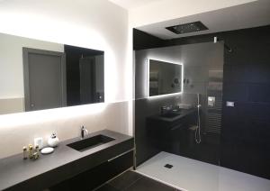 bagno con doccia, lavandino e specchio di Mikeme a Carrara