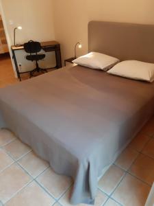 uma cama grande num quarto com uma secretária e uma cadeira em Appartement dans propriété calme en pleine nature em Charbonnières-les-Bains