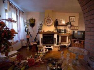 uma sala de estar com lareira e televisão em Rustico la Pioppeta em Cascina