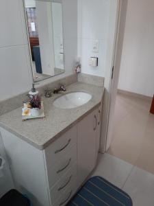 W łazience znajduje się umywalka i lustro. w obiekcie Apartamento Santa Ana w mieście São Joaquim